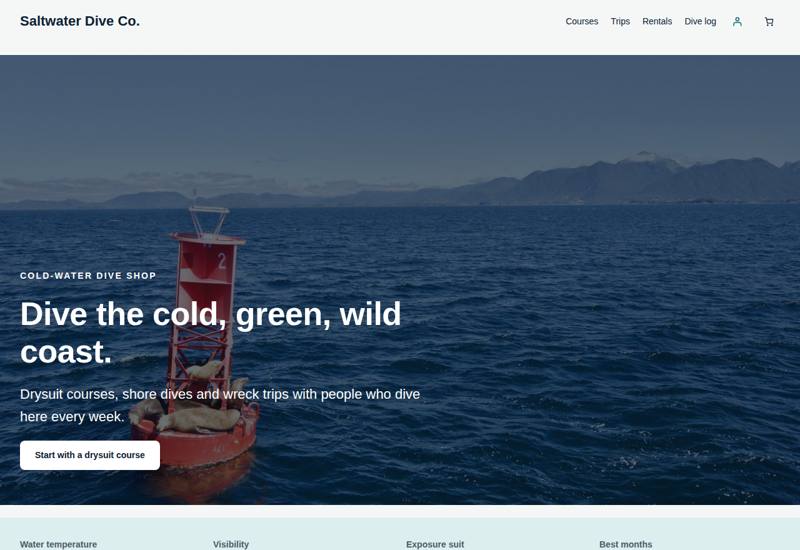 Reefline Pro cold-water starter homepage with sea lions on a buoy and drysuit course cards.