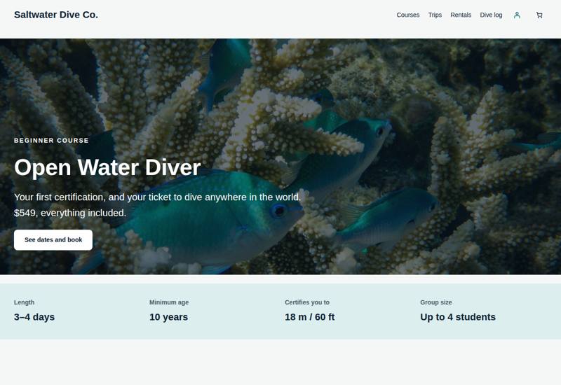 Reefline Pro course page with a coral reef photo, the course name Open Water Diver and quick facts.