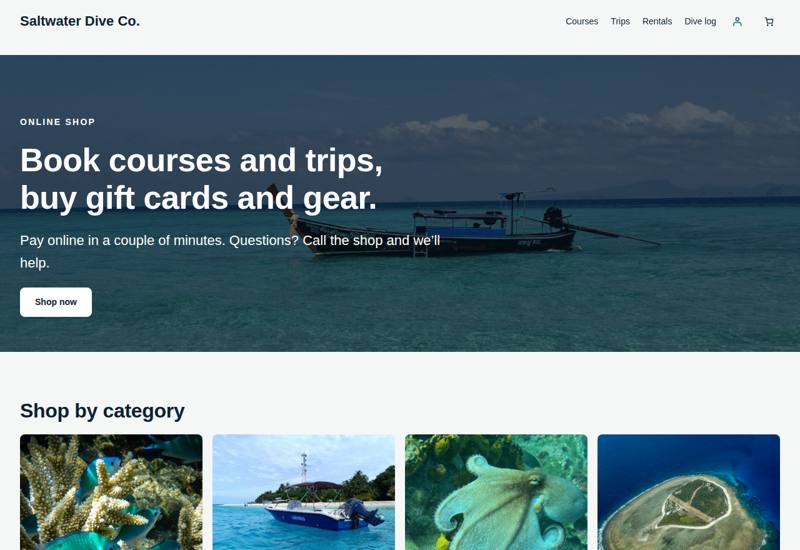 Reefline Pro store home page with category tiles for courses, boat trips, gear and gift cards.