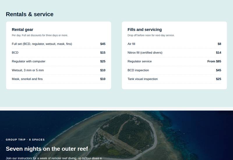 Reefline price lists for rental gear and for fills and servicing.